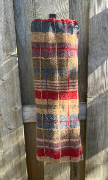 Sutherland Courie: a plaid scarf kit for knitting in June Cashmere's 100% camel yarn